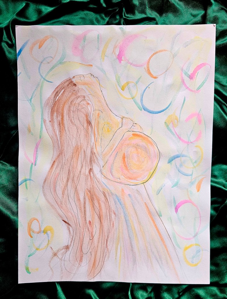 acrylic painting. joy pregnant woman looking up.